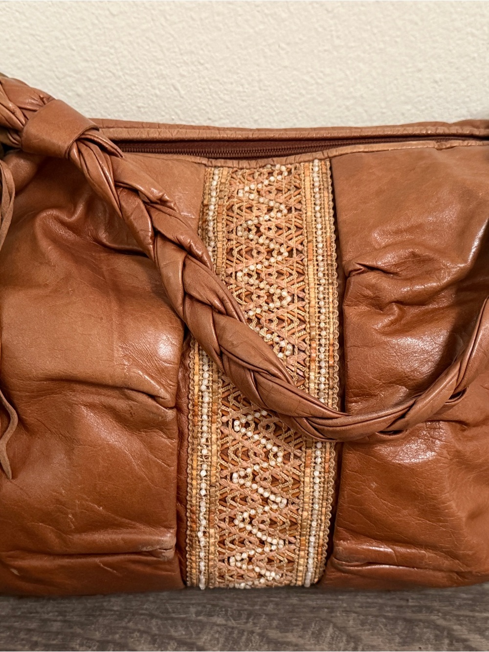 Elaine Turner Cognac Leather Beaded Fringe Hobo Bag